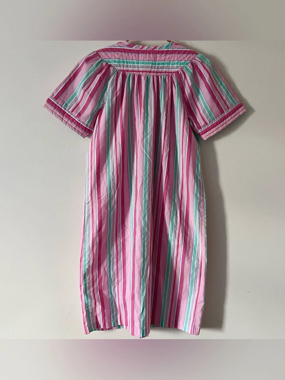 Vintage Ashley Taylor Pink & Green Striped Quilted Housecoat Dress Nightgown XS